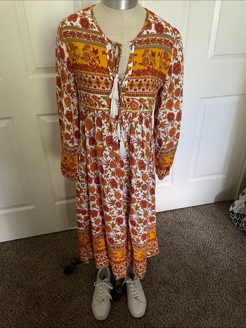 Bohemian Floral Maxi Dress with Tie-Front in Mustard and Rust